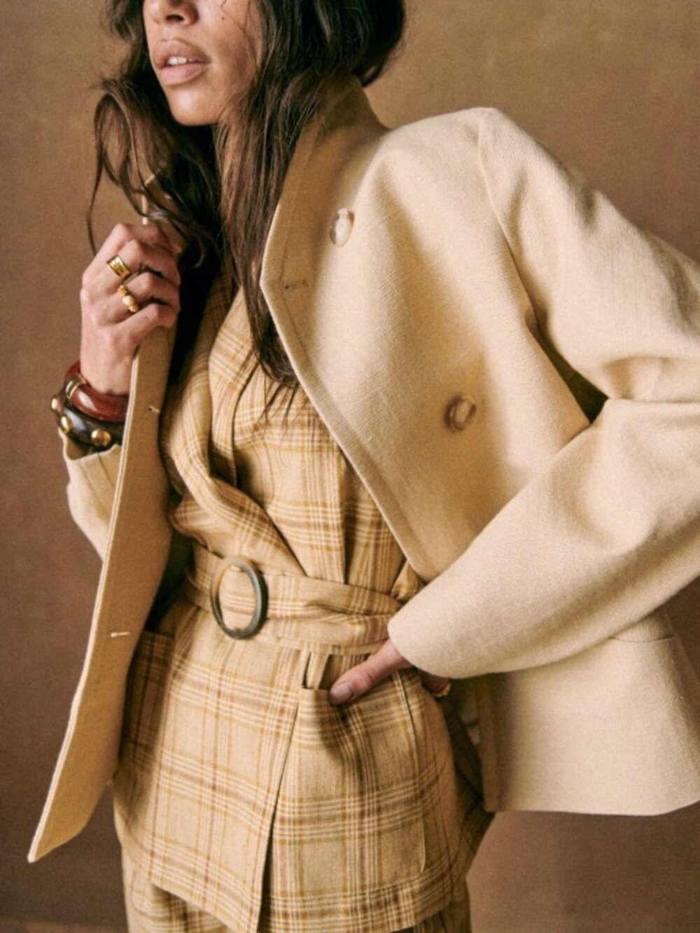 Like New Sezane Antonina Linen Cotton Plaid Belted Vest Ochre Check 38, 6